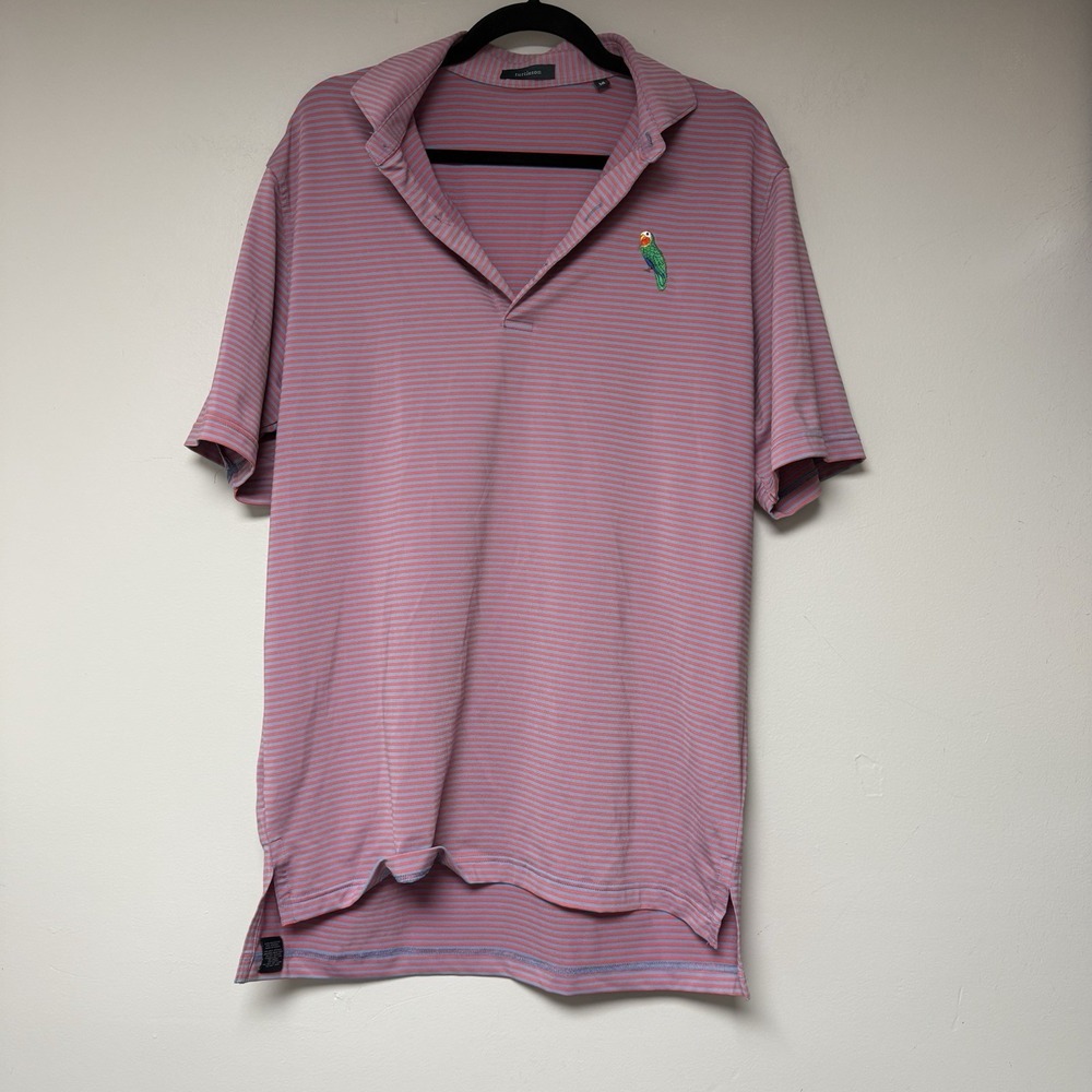 Turtleson Mens Polo Shirt M Pink Blue Stripe Parrot Embroidered Golf Casual